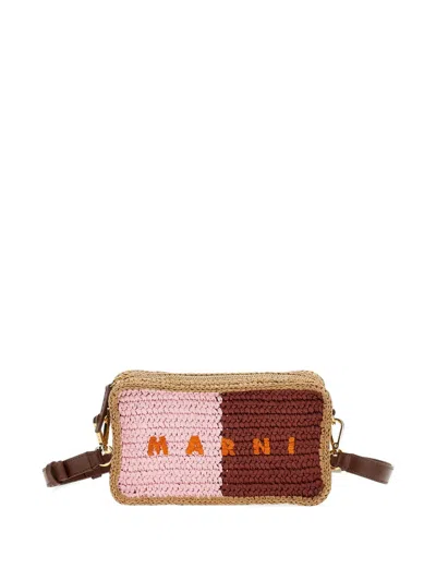 Marni Logo-embroidered Woven Shoulder-bag In Brown