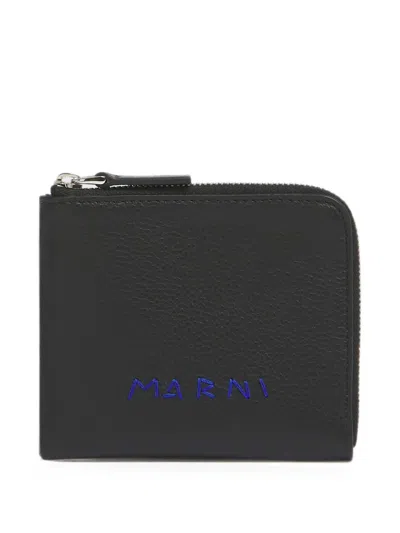 Marni Logo-embroidered Zip-around Wallet In Black