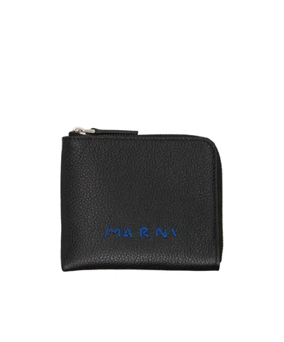 Marni Logo-embroidered Zip-around Wallet In Black