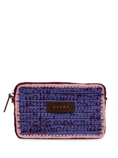 Marni Logo-patch Crochet-knit Shoulder Bag In Purple