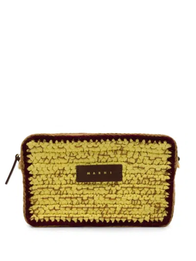 Marni Logo-patch Crochet-knit Shoulder Bag In Yellow
