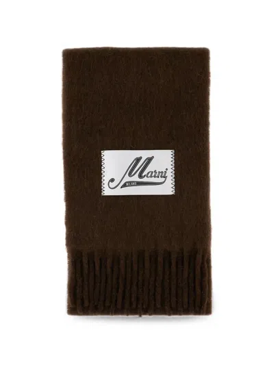 Marni Rectangular Brown Alpaca Blend Scarf With Fringed Edges And Logo Tag