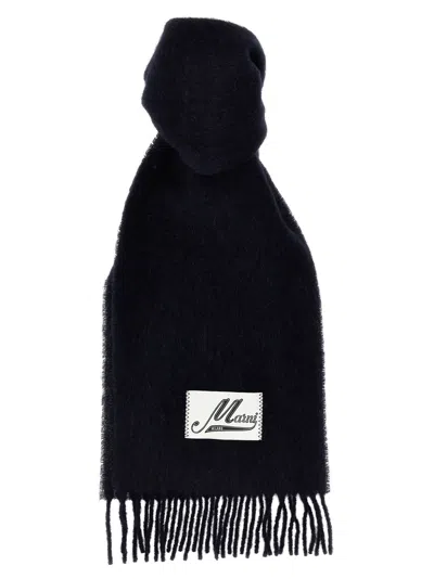 Marni Logo-patch Wool Blend Scarf In Black