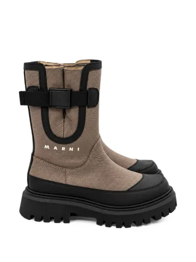 Marni Kids' Logo-print Buckled Boots In Neutrals