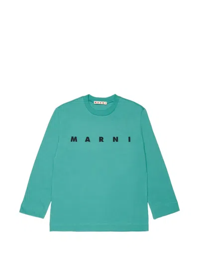 Marni Kids' Logo-print Long-sleeve T-shirt In Green