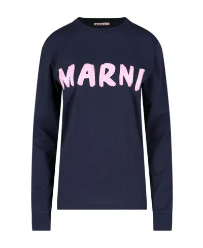 Marni Logo-print Long-sleeved T-shirt In Blue