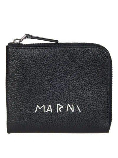 Marni Logo-stitch Zipped Leather Wallet In Black