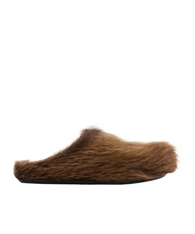 Marni Brown Long Hair Calfskin Fussbett Sabot Loafers In 00m37 Tobacco