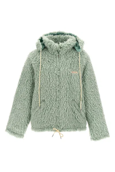 Marni Long Pile Shaggy Faux Fur Hooded Jacket Blue In Green
