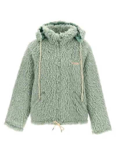 Marni Long Pile Shaggy Faux Fur Hooded Jacket Blue In Green