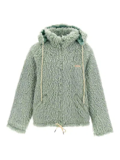 Marni Long Pile Shaggy Faux Fur Hooded Jacket Blue In Green