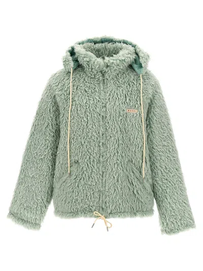 Marni Long Pile Shaggy Faux Fur Hooded Jacket Blue In Green