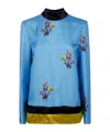 Marni Floral Satin Long Sleeve Top With Keyhole In Blue