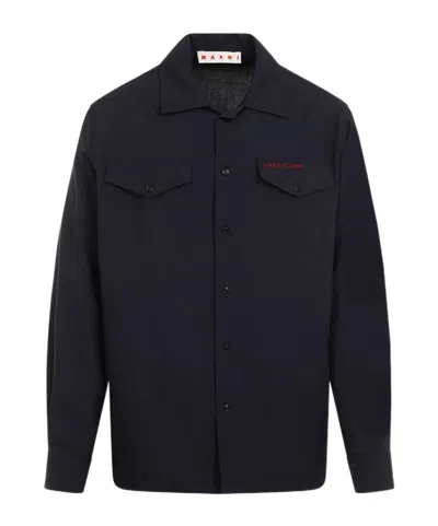 Marni Wool Shirt With Logo Embroidery In Black