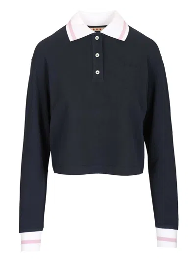 Marni Long-sleeved Cotton Piqu Polo Shirt In Blue