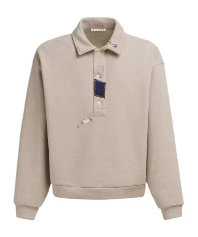 Marni Long Sleeved Cotton Polo Sweatshirt In Light Brown