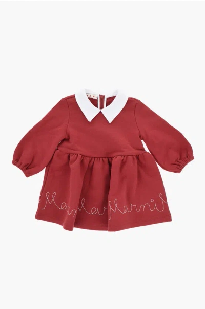 Marni Kids' Long Sleeved Flared Dress With Embroidered Logo In Red