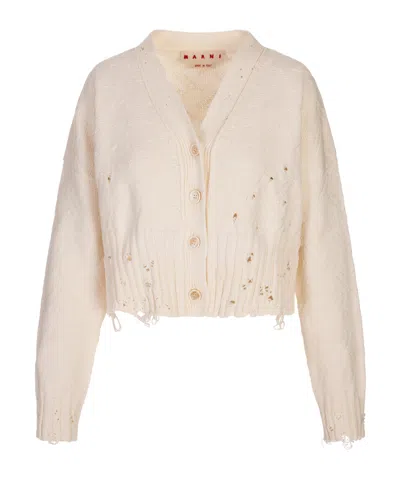 Marni Long-sleeved Knitted Cardigan In Neutral