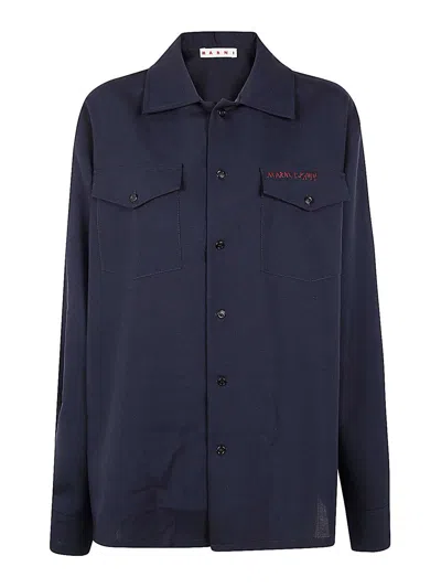 Marni Wool Shirt With Logo Embroidery In Black