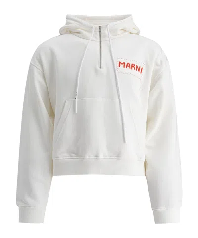 Marni Relaxed-fit White Hoodie With Embroidered Logo Patch In Red