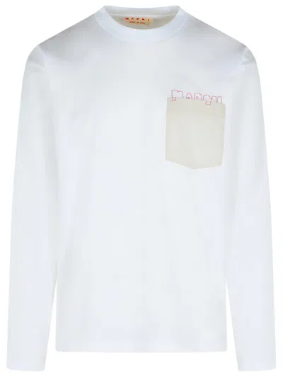 Marni Long-sleeved White Cotton T-shirt With Contrast Chest Pocket