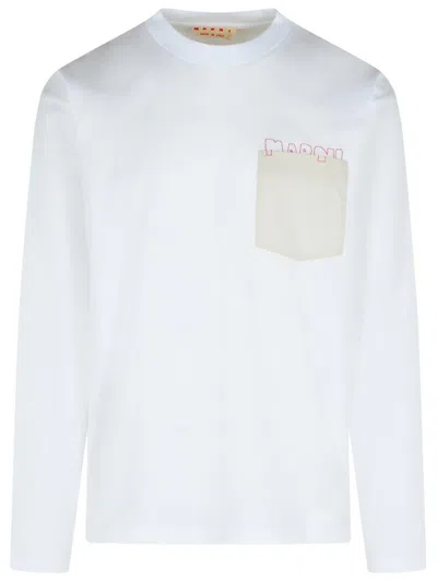 MARNI LONG-SLEEVED WHITE COTTON T-SHIRT WITH CONTRAST CHEST POCKET