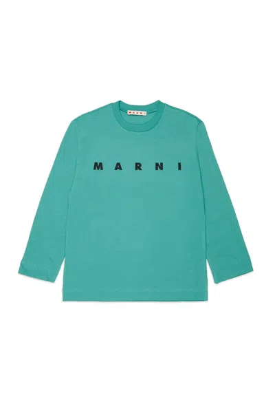 Marni Kids' Long Sleeves Jersey T-shirt With  Logo In Green