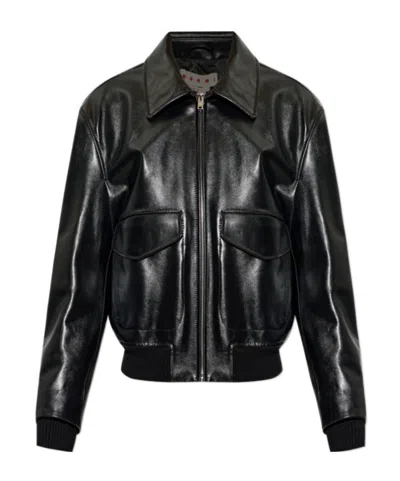 Marni Long-sleeved Leather Jacket In Black