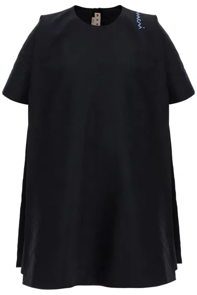 Marni Women's Loose Dress With Wide Neckline Cotton Short Sleeve In Black