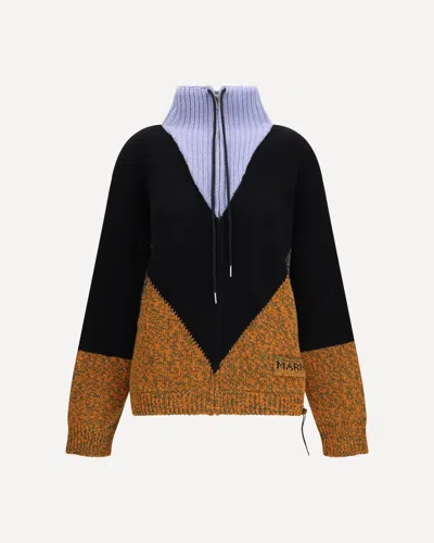 Marni Colorblock Wool-cashmere Drawstring Zip Jacket In Animal Print