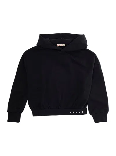 MARNI BLACK SWEATSHIRT WITH FIXED HOOD AND EMBROIDERED LOGO ON FRONT IN COTTON GIRL