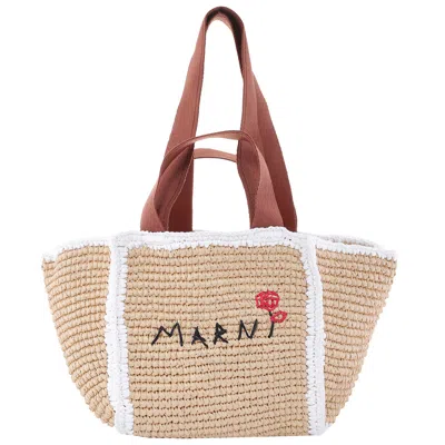 Marni Macrame Sillo Small Woven Shopper Tote Bag In White