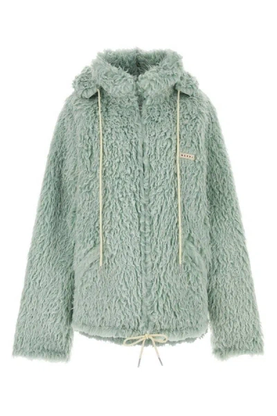 Marni Long Pile Shaggy Faux Fur Hooded Jacket Blue In Green