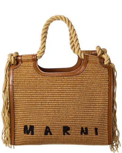 Marni Marcel Frayed Raffia & Leather Tote In Brown