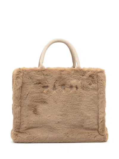 Marni Beige Fur Shopper Bag With Handles In Sand