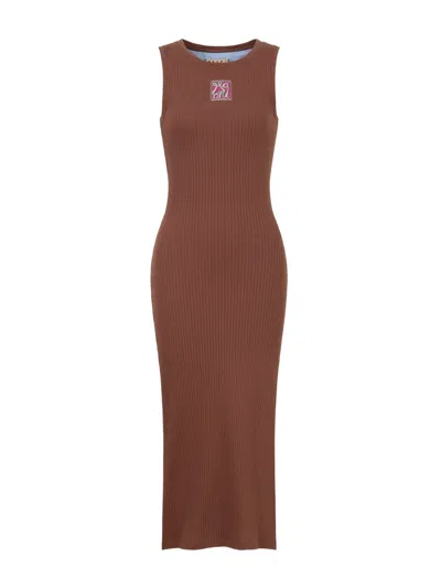 Marni Frame Logo Midi Dress In Brown