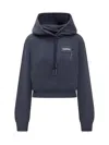 Marni Cropped Hoodie In Deep Navy With Distinctive Patch In Blue