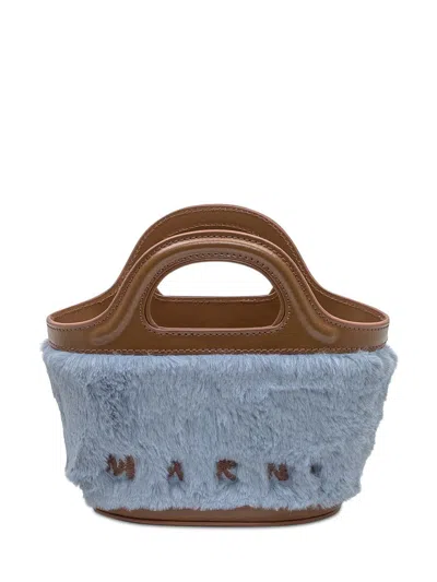 Marni Tote Bag In Blue Fur And Brown Leather