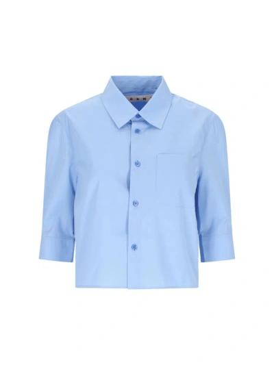 Marni Marno Logo Embroidered Poplin Shirt In Blue