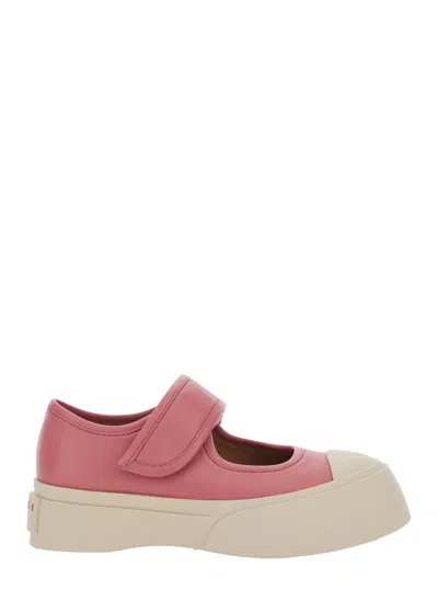 Marni Mary Jane Pink Sandals With Touch-strap Closure And Logo Patch On The Rear In Leather Woman