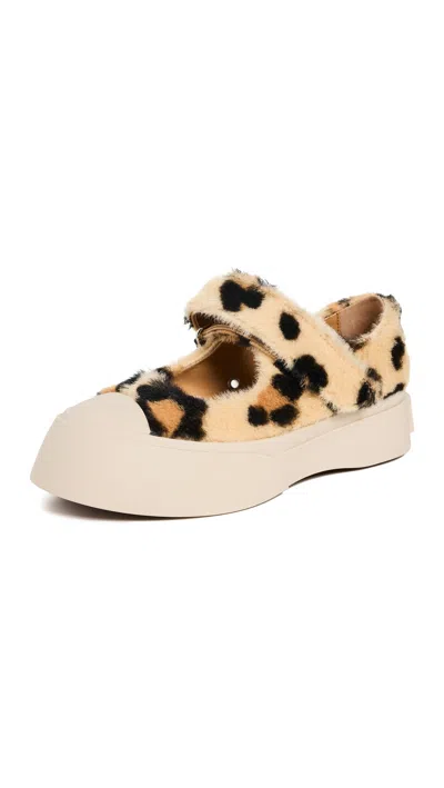 Marni Pablo Leopard Print Genuine Shearling Mary Jane Sneaker In Light/brown