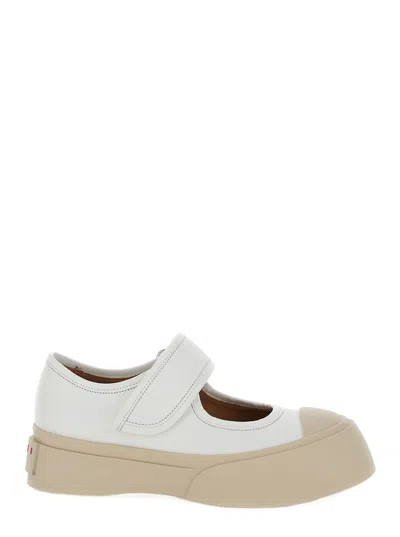 MARNI PABLO WHITE MARY JANES WITH STRAP AND LOGO IN LEATHER WOMAN