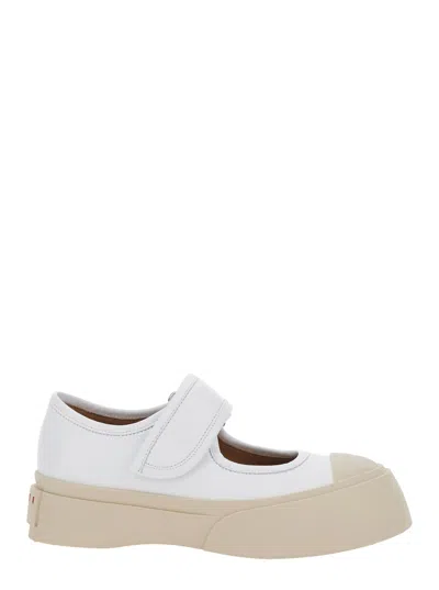 Marni Mary Jane White Sandals With Touch-strap Closure And Logo Patch On The Rear In Leather Woman