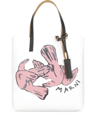 Marni Medium Bird-print Tote Bag In White