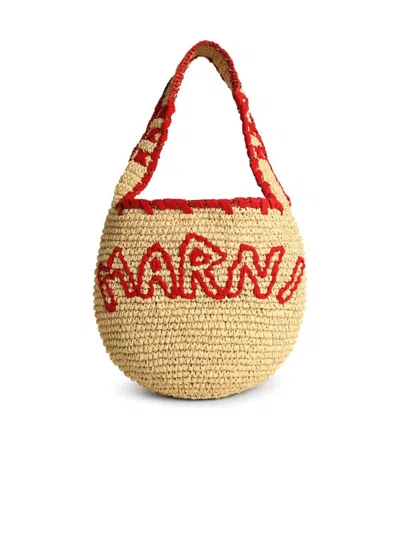 Marni Medium 'hobo Nassa' Bag In Red Natural Raffia In Multi