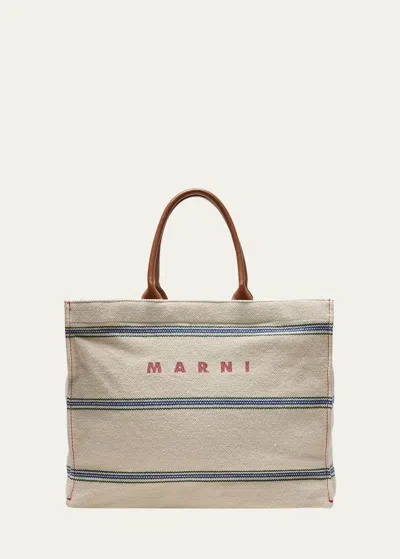 Marni Medium Striped Canvas Tote Bag In Zo706 Naturalmoka