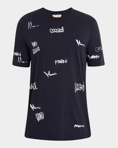 Marni Men's Allover Multi-logo Crewneck T-shirt In Blue