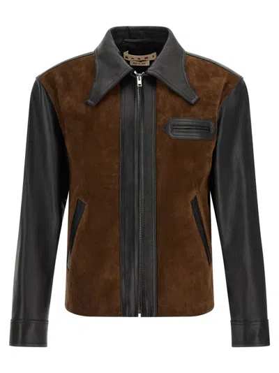 Marni Men Black Leather Jacket In Brown