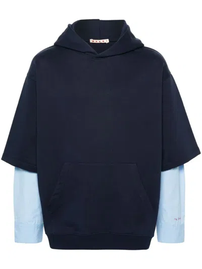 MARNI MEN'S BLUE LAYERED HOODIE WITH LOGO EMBROIDERY AND BUTTONED CUFFS