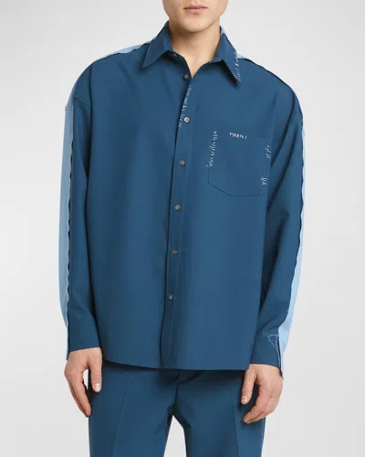 Marni Men's Boxy Colorblock Embroidered Sport Shirt In Blue